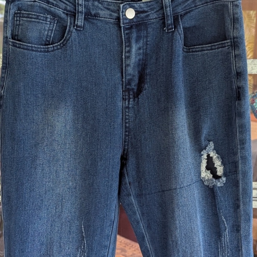 Kira Kira Large Denim Distressed Flare Bell Bottom blue jeans Bohemian Hippie - Picture 2 of 14